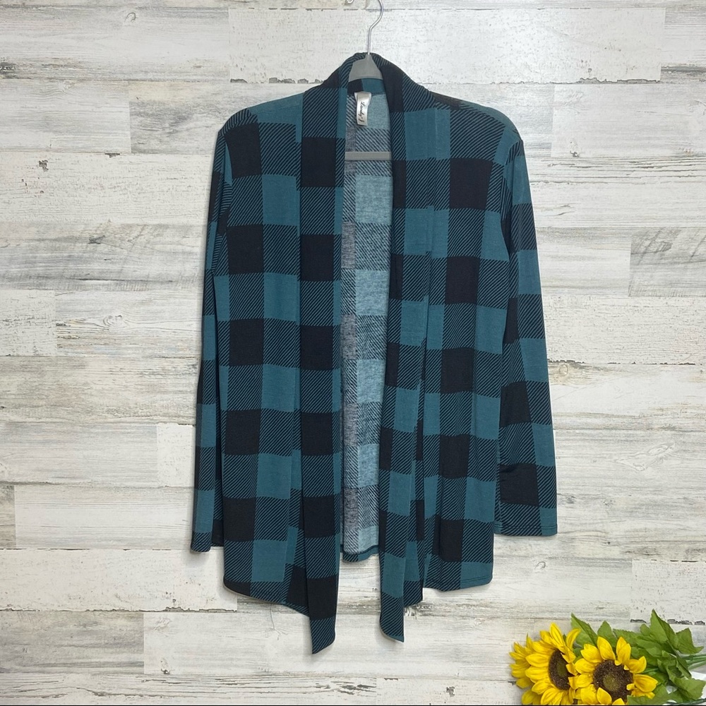 Lovely J Teal and Black Plaid Open Cardigan with Elbow Patches size large